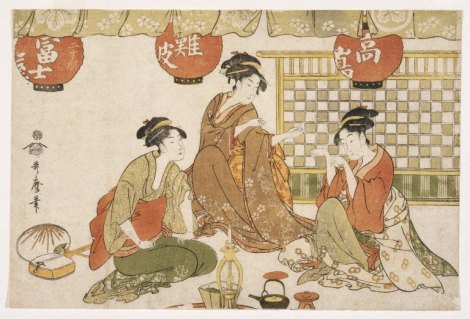 Three seated ladies with lanterns, Kitagawa Utamaro 