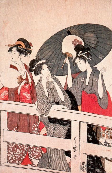  Enjoying the Cool Evening Breeze on and under the Bridge by Kitagawa Utamaro