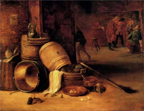 An interior scene with pots, barrels, baskets, onions and cabbages with boors carousing in the background by David Teniers the Younger