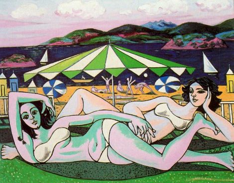 Bathers on the beach under umbrella by Rafael Zabaleta