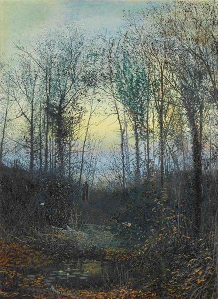 Wooded valley, probably Bolton Woods Lovers in a woodland clearing a pair by John Atkinson Grimshaw