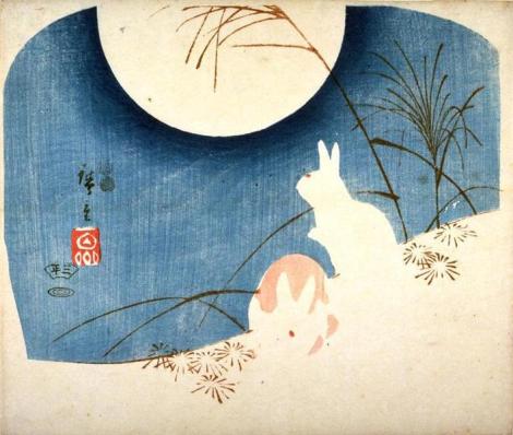 Untitled (Two Rabbits, Pampas Grass, and Full Moon) by  Hiroshige