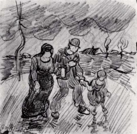 Couple Walking Arm In Arm With A Child In The Rain by Vincent van Gogh